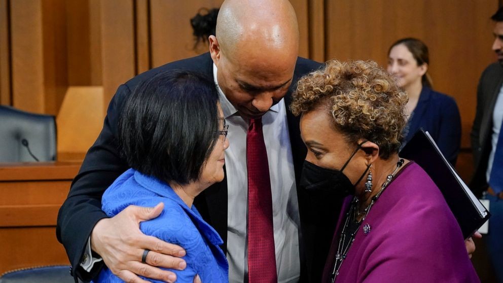 Rep. Barbara Lee, of California and Sen. Mazie Hirono of Hawaii with Senatory Cory Booker. AP Photo/Alex Brandon