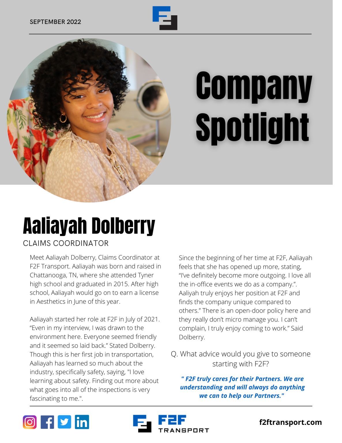 F2F Transport on LinkedIn: Meet Aaliayah Dolberry, Claims Coordinator ...
