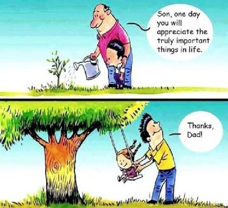 A comic strip of dad and son planting a tree.