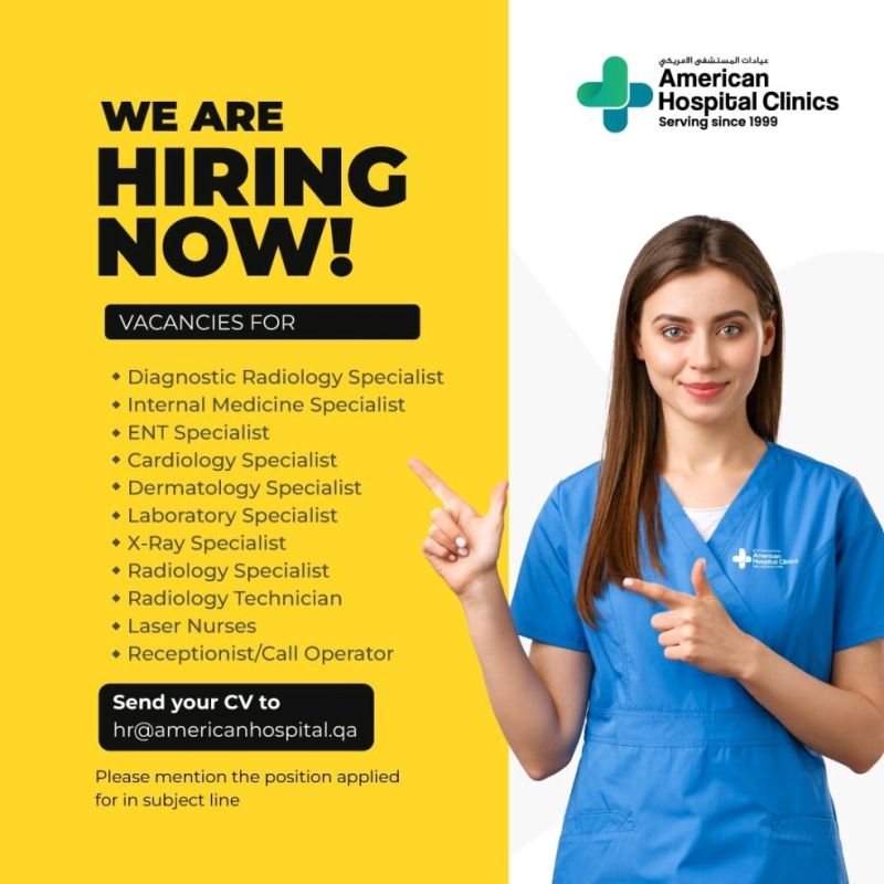 We are hiring now!!

#hiringnow #urgenthiring #qatarjobs #qatar vacancy #doha jobs #qatar jobs #americanhospitalclinics #hospitaljobs #healthcare jobs