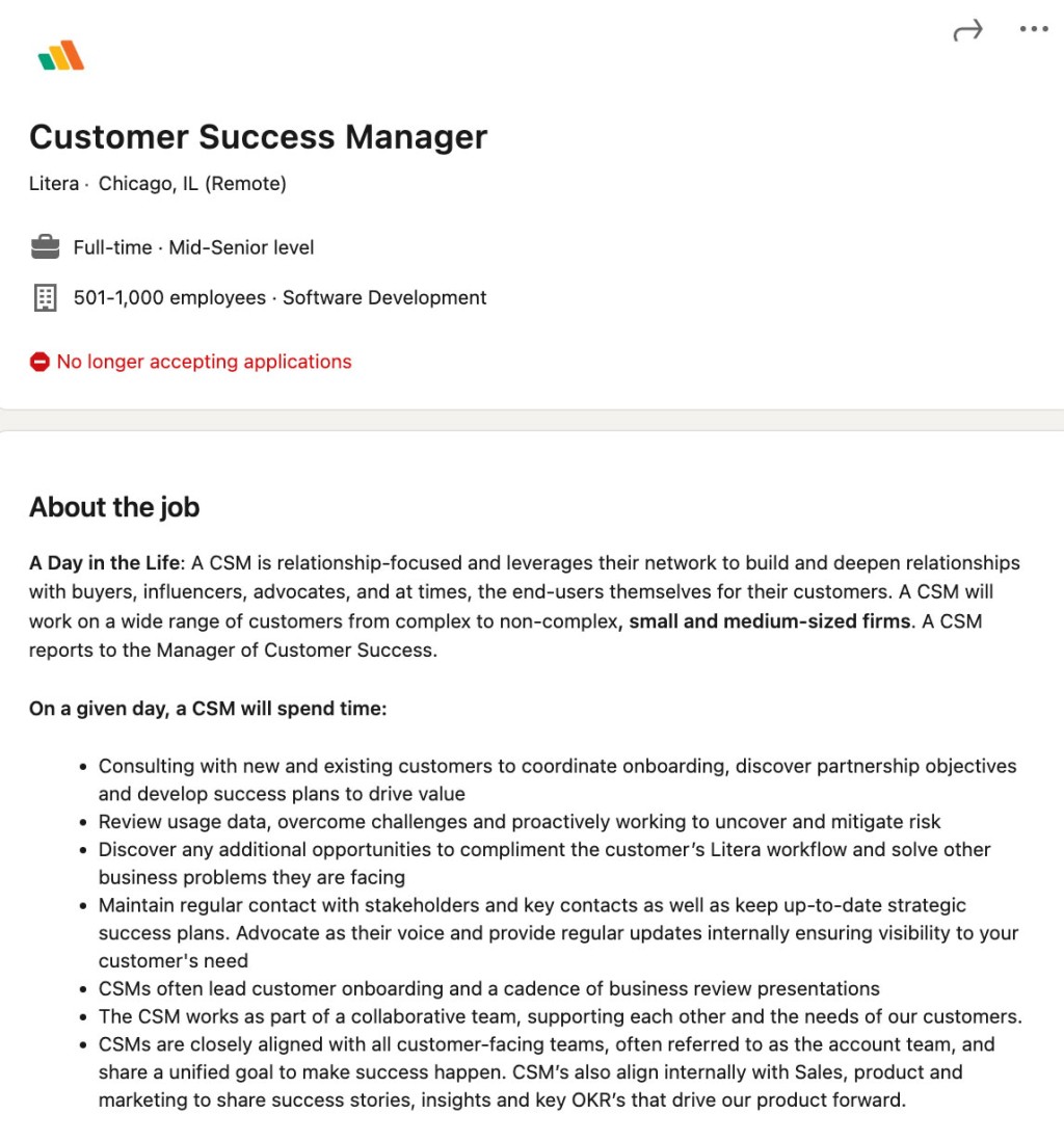 Screenshot of Customer Success Manager job description at Litera