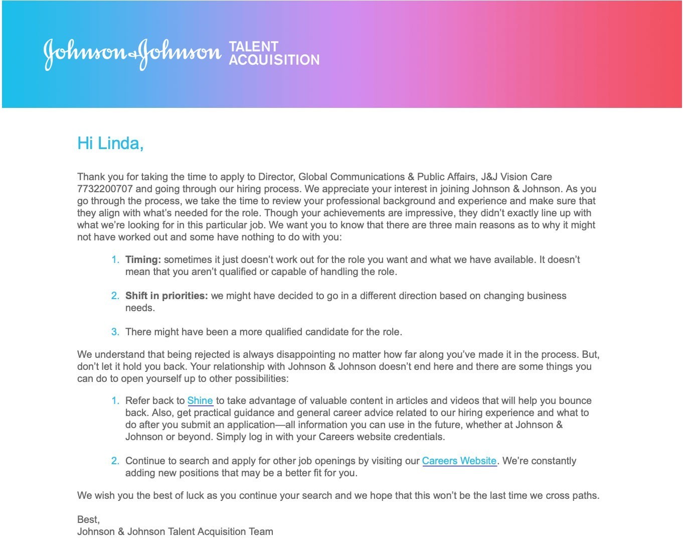 Screenshot of rejection letter from Johnson & Johnson