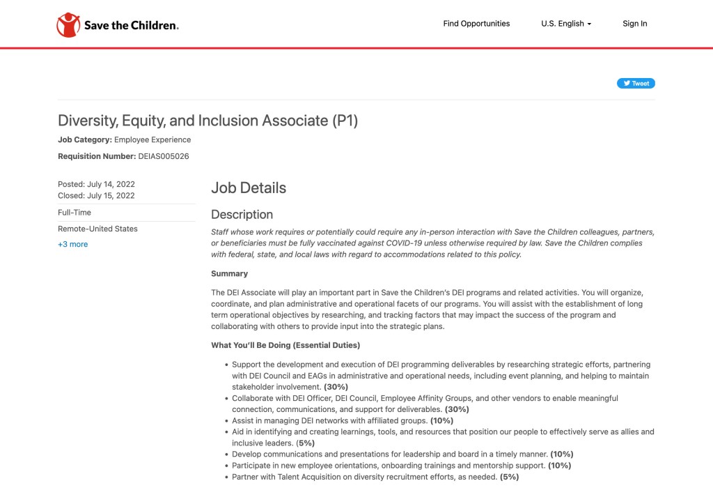 Screenshot of Diversity, Equity, and Inclusion Associate job description at Save the Children