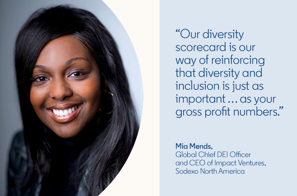 "Our diversity scorecard is our way of reinforcing that diversity and inclusion is just as important...as our gross profit numbers." —Mia Mends, Global Chief DEI Officer and CEO of Impact Ventures, Sodexo North America
