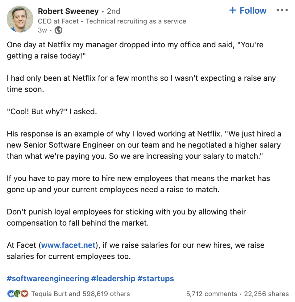 LinkedIn post written by Robert Sweeney, CEO at Facet